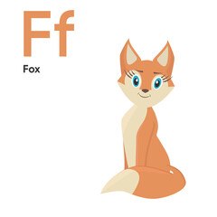 Cute Animal Alphabet Series A-Z. Vector ABC. Letter F. Fox. Cartoon animals alphabet for kids. Isolated vector icons illustration. Education, baby showerchildren prints, decor, cards, books