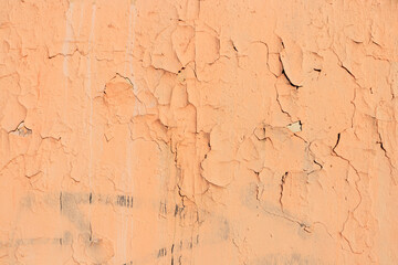 Destroyed Peeling Faded Paint Texture Background. Old Urban Cracked Painted Surface. Distressed Plaster Wall Rough Backdrop Material.