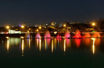 Ibirapuera park fountains and lake at night, Sao Paulo city, Brazil