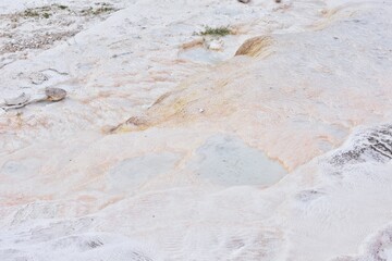 White natural surface of travertine, selective focus. Texture of carbonate mineral limestone in Pamukkale, Turkey. 