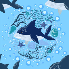 Shark in Scandinavian style surrounded by fish, starfish, seaweed, seashells, hand drawn