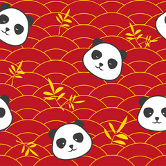Panda vector. Cute happy panda face illustration. Red and gold chinese style background.