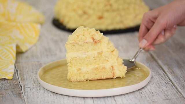 Traditional Italian dessert, homemade Mimosa cake. Biscuit cake with custard, whipped cream and pineapple.