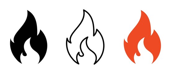 Fire Flame icon in different style. Bonfire line Silhouette vector illustration on white background.