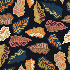 Fototapeta na wymiar Abstract elegant seamless pattern of lined botanical floral motifs of autumn plants and leaves