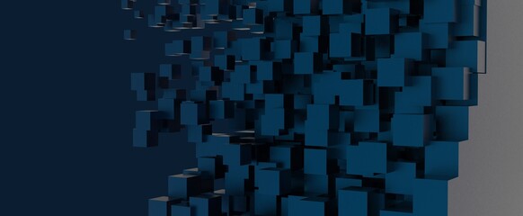 Rende tridimensional de cubo desintegrado. Diseño 3d de cubos unicolores. Ilustración minimalista y colorida