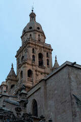 Detail of the Cathedral of Santa Maria in Murcia at sunrise. Tourism or travel to Murcia concept.