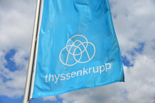 Hanover, Lower Saxony, Germany - May 5, 2019: Flag with the ThyssenKrupp logo in Hanover, Germany - ThyssenKrupp AG is one of the world's largest steel producers