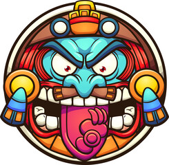 Aztec sun with angry face cartoon. Vector clip art illustration with simple gradients. All on a single layer. 
