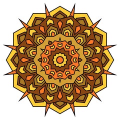 Colorful mandala image. Ornamental. Vintage decorative elements painted in orange, brown and yellow colors. Black stripes. Nicely drawn oriental background. Festive pattern, tribal texture.