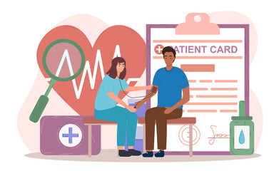 Female doctor is doing physical examination of a patient. Concept of health checkup. Male character is sitting with doctor and having his blood pressure measured. Flat carton vector illustration