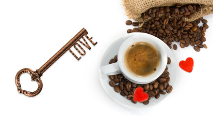 image of a cup of coffee, a key with the inscription heart, coffee beans and a stylized heart on a white background
