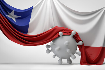 Chile national flag draped over a Covid virus disease molecule. 3D Rendering