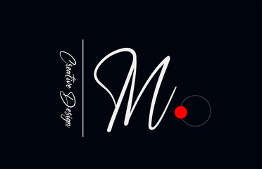 M letter alphabet logo for business. Elegant creative font for corporate identity and lettering in white and black. Company branding icon with red dot and handwritten design