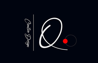 Q letter alphabet logo for business. Elegant creative font for corporate identity and lettering in white and black. Company branding icon with red dot and handwritten design