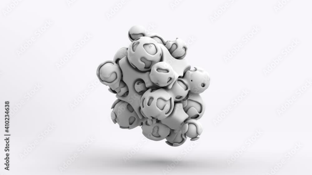 Poster abstract 3d animation of an array of balls merging into a cloud, and having a strange, beautiful, si