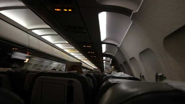 The passenger cabin of the plane in the evening. before takeoff