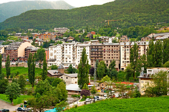 Andorra - La Massana - The general view of La Massana's downtown residential quarters in the narrow green Arinsal valley of Pyrenees mountains, the famous ski and summer resort