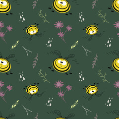 Seamless simple pattern.  Bee and flowers
