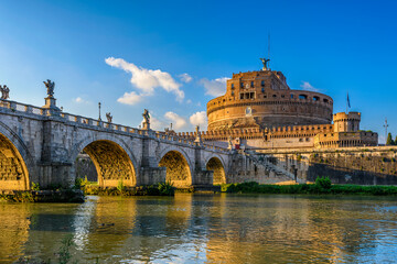 Castle Sant Angelo (Mausoleum of Hadrian), bridge Sant Angelo and river Tiber in Roma, Italy....
