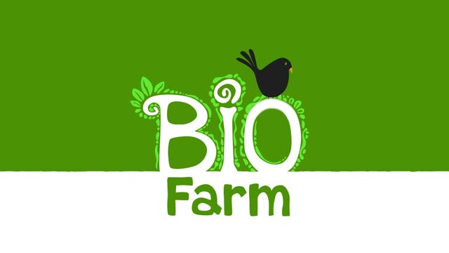 Bio farm hand drawn design logo reveal. Hopping black bird squeezing letters.