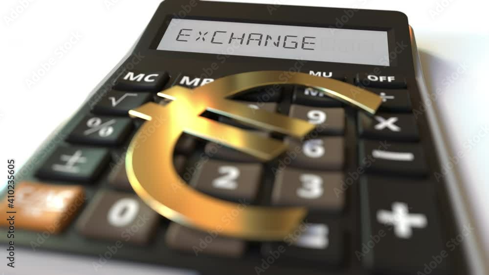 Poster euro currency symbol on the keys and exchange text on calculator display. conceptual 3d animation