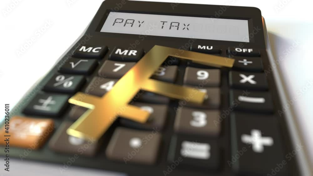 Poster franc currency symbol on the keys and pay tax text on calculator display. conceptual 3d animation