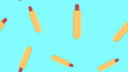 sausage sandwich on a blue background, illustration, pattern. hot dog with filling. wallpaper for kitchen, restaurant and cafe. catering design and decor, creating a cozy atmosphere