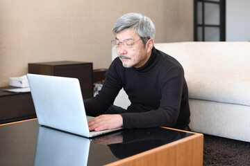 Fototapeta na wymiar ノートパソコンを操作する高齢者（シニア）の白髪の男性 