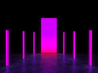 The glowing portal is surrounded by neon lights in a dark space. 3D Render.