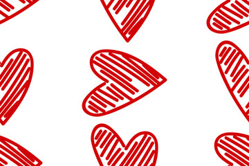 Vector abstract seamless hand drawn hearts pattern. White background with red doodled hearts. Trendy print design for textile, wrapping paper, wedding backdrops, romantic Valentine's Day concepts etc.