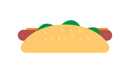 sandwich with sausage on white background, hot dog, illustration. sandwich, hearty snack, fast food food. bun with herbs, mustard, cheese and meat, sesame seeds on top