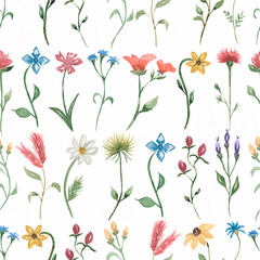 Watercolor summer wildflowers seamless pattern, delicate flower pattern, spring floral paper. Retro flower garden print. Meadow herbs.