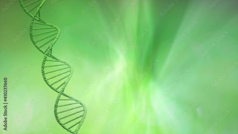 Poster dna structure rotating on green blurry and foggy copy space background. concept nature science anima