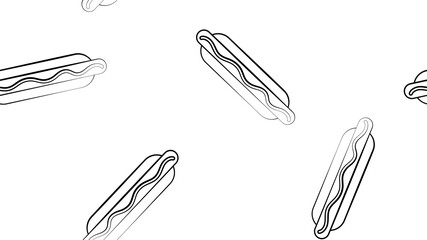 hotdog us white background, illustration, pattern. bun with sausage, ketchup. favorite snack. wallpaper for restaurant, cafe, kitchen decor. black and white picture in drawing style