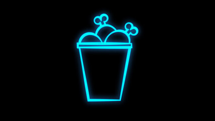 Obraz premium Chicken bucket neon light icon. BBQ chicken drumsticks, legs. Unhealthy fast food. Cafe, steakhouse menu. Meat cookery. Glowing sign with alphabet, numbers and symbols. isolated illustration