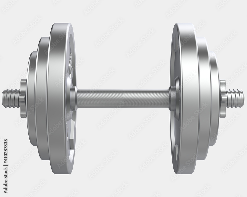 Poster dumbbell with front isometric view, isolated on grey background. 3d rendering - illustration