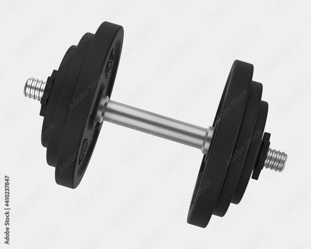 Poster dumbbell with front isometric view, isolated on grey background. 3d rendering - illustration