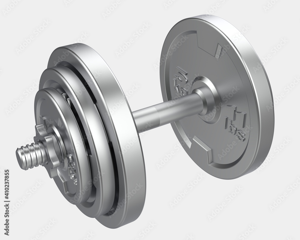 Poster dumbbell with front isometric view, isolated on grey background. 3d rendering - illustration
