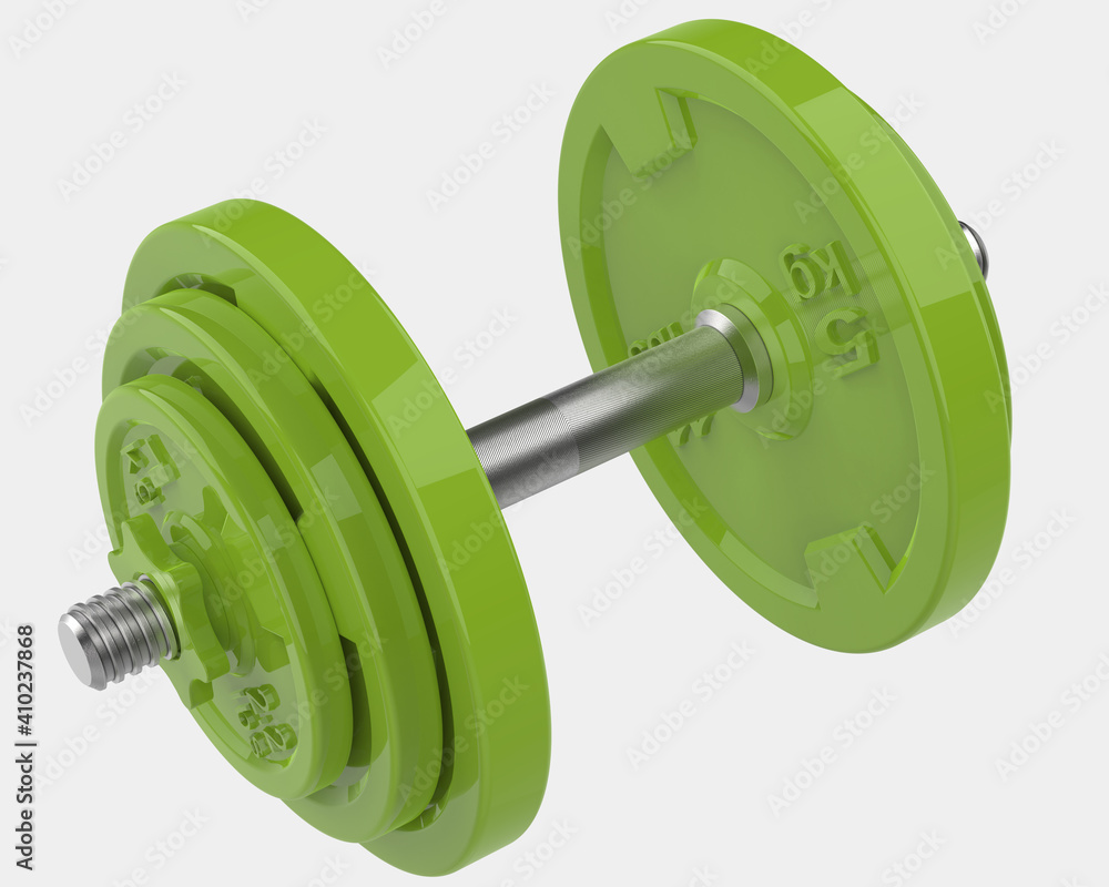 Poster dumbbell with front isometric view, isolated on grey background. 3d rendering - illustration