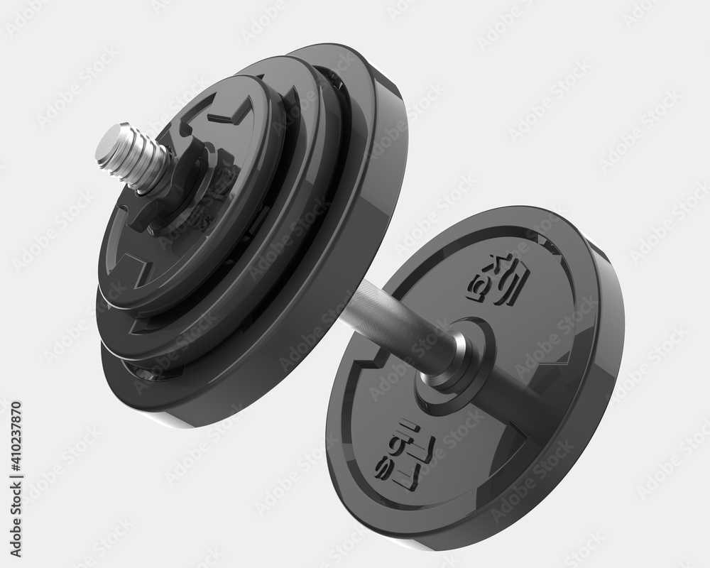 Poster dumbbell with front isometric view, isolated on grey background. 3d rendering - illustration