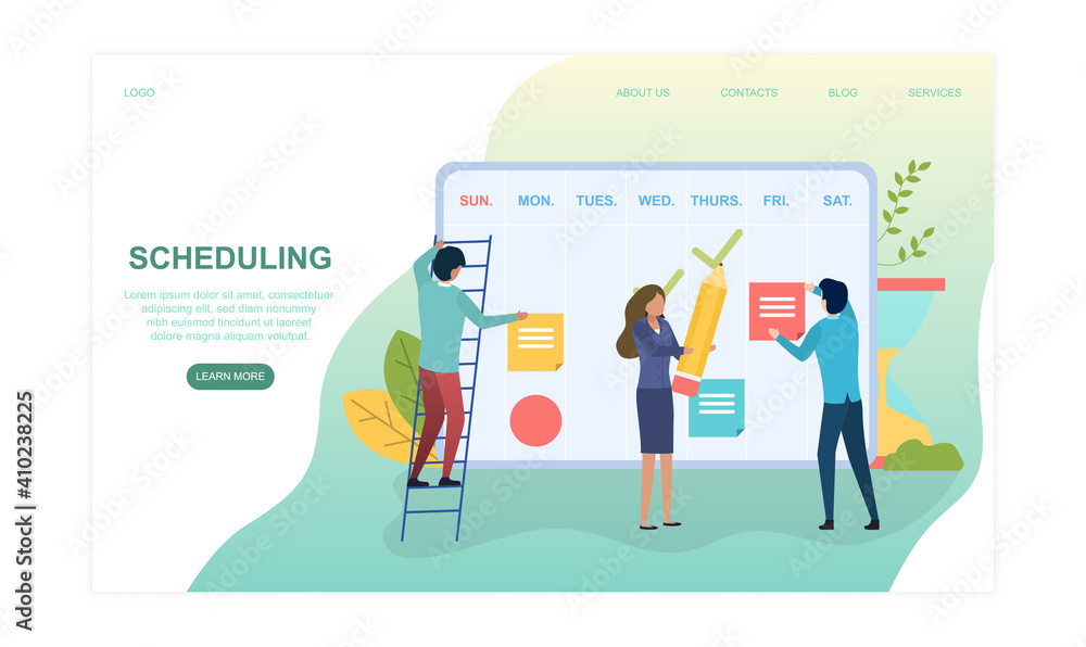 Poster male and female characters are making schedule by applying events on calendar dates. concept of sche