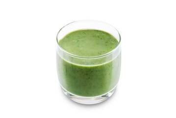 Kale banana smoothie in a glass on a white isolated background