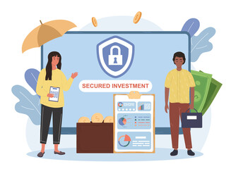 Male and female characters are securing their investments. Concept of financial protection and reliability. Man and woman standing next to clipboard with infographics. Flat cartoon vector illustration