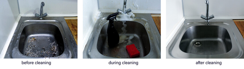 Before, during, and after cleaning. The process of cleaning a dirty stainless steel metal kitchen sink. An example of successful operation of cleaning products, advertising of cleaning products, compa