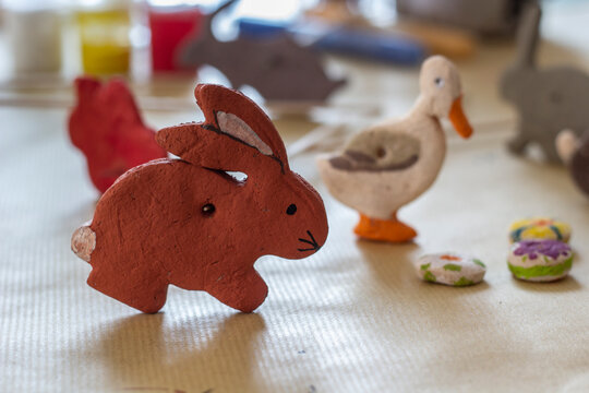 Handmade Easter bunny on craft table
