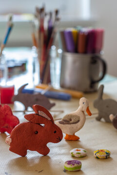 Easter decorations made by hand on craft table