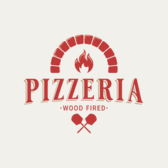 Pizzeria logo with oven shovel. Wood fired pizza