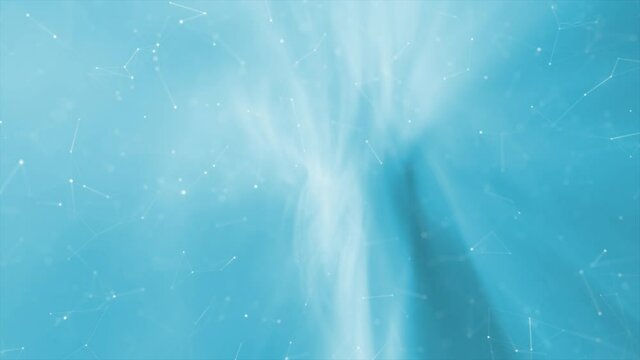 Modern smooth features animated technology and science based shapes, connected white lines and blurry and glowy flicker dots on a bright blue background.