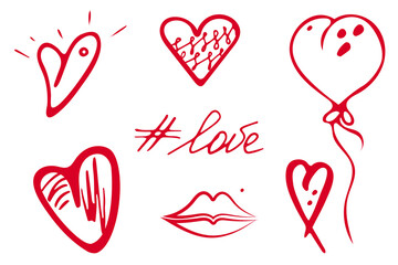 Vector doodle hearts icons set, hand drawn brush ink line, love concept, decorative kit for creative web cards, templates. Isolated elements